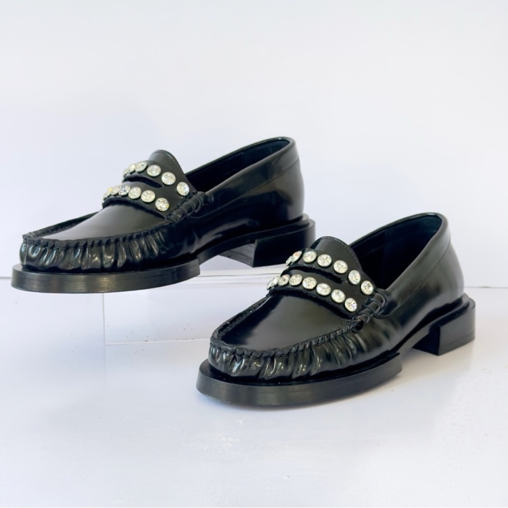 SANDRO Crystal-Embellished Patent-Leather Women’s Black Slip On Loafers Size 5 - Picture 6 of 16